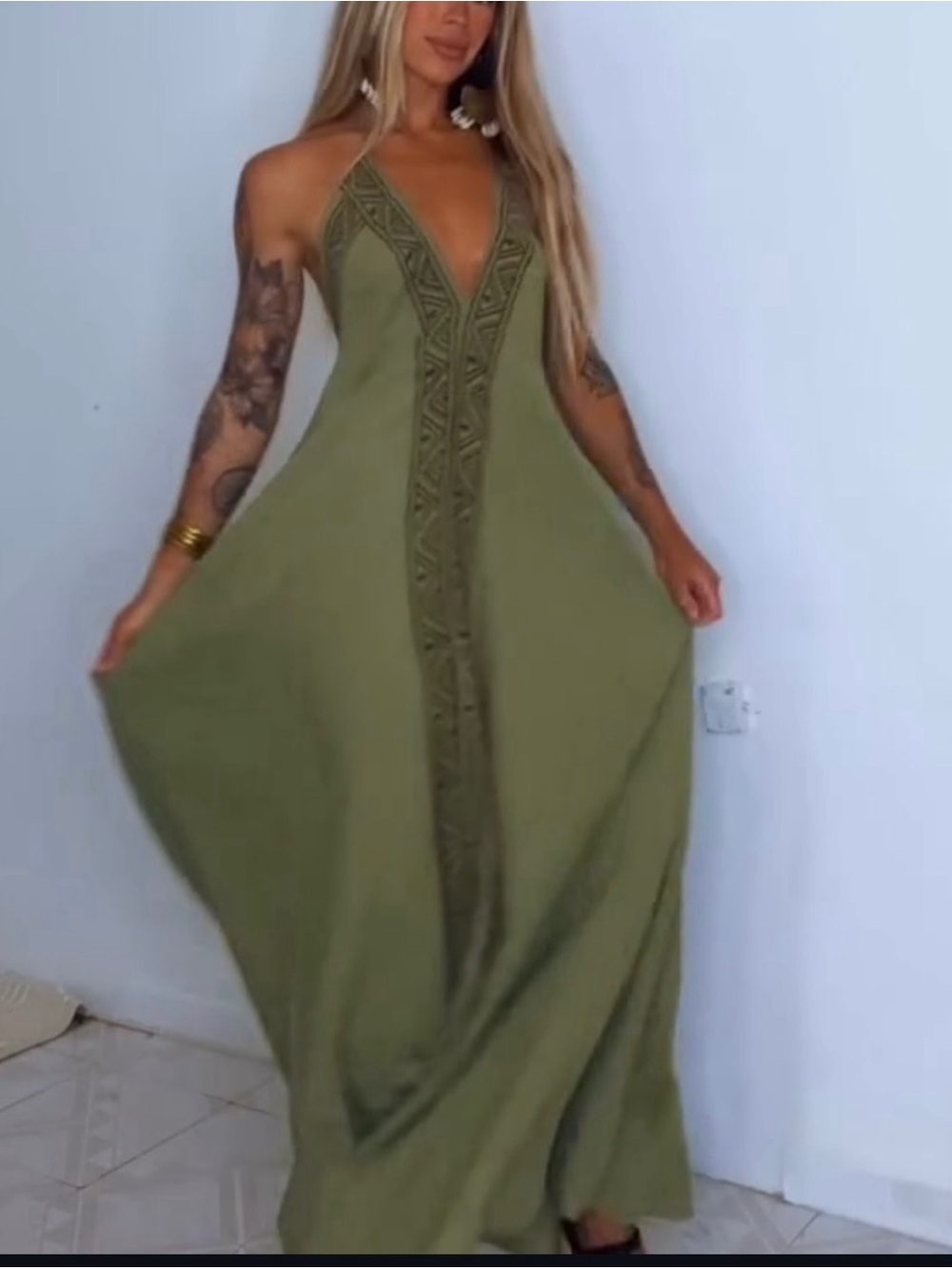 Olive Green Halter Maxi Dress with Embroidered Placket